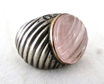 18k Gold Natural Diamond Rose Quartz 83ct Carved Sterling Silver Victorian Ring