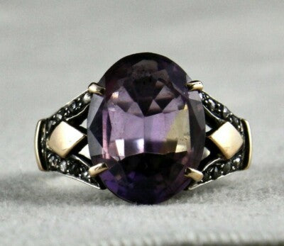 Natural Ametrine 10ct Oval Cut Natural Diamond 18k Gold Silver Vintage Ring