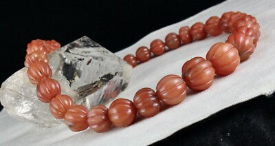 Natural Orange Quartz 960ct Carved Melon Beaded Necklace Sterling Silver Clasp