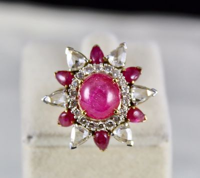 Certified Natural Ruby 62.85ct Cabochon Natural Diamond 18k Gold Cocktail Ring