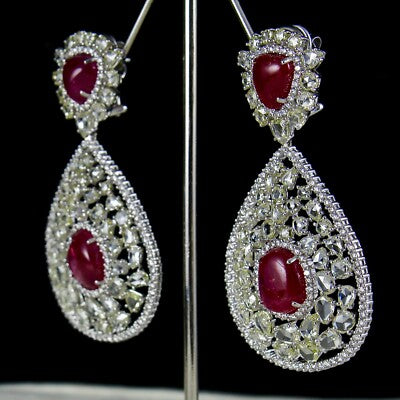 Certified Burma Ruby 200ct Natural Rose Cut Diamond 18k Gold Cocktail Earrings