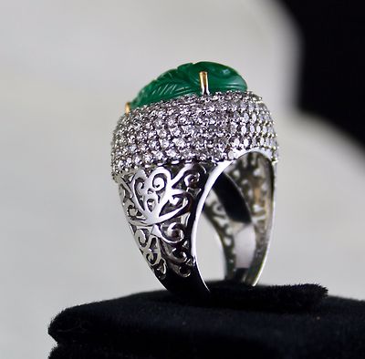 Certified Natural Zambian Emerald 10ct Carved Diamond 18k Gold Ladies Ring