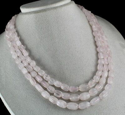 Natural Rose Quartz Melon Carved Beads Necklace 621ct, 3 L Gemstone Strings