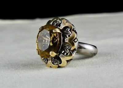 Certified Antique Victorian Ring Natural Diamond Citrine 18k Gold 925 Silver