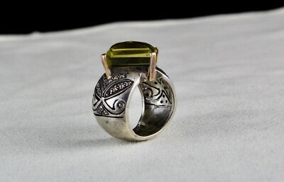 Natural Lemon Quartz 105ct Natural Diamond Sterling Silver Victorian Ring