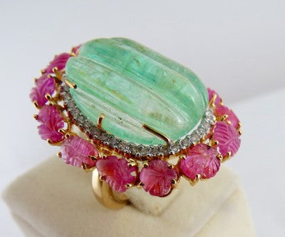 Certified Vintage Natural Emerald 10ct Ruby Carved Natural Diamond 18k Gold Ring