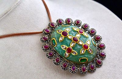 Certified Antique Green Emerald 10ct Natural Diamond 18k Gold Pendant 925 Silver