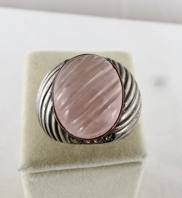 18k Gold Natural Diamond Rose Quartz 83ct Carved Sterling Silver Victorian Ring