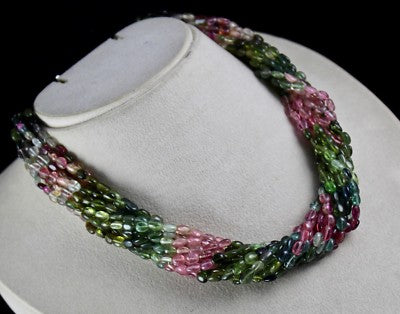 Certified Natural Multi Tourmaline 650ct Beads Cabochon Sterling Silver Necklace