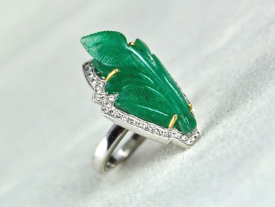 Certified Natural Emerald 10ct Leaf Carved Natural Diamond 18k Gold Antique Ring