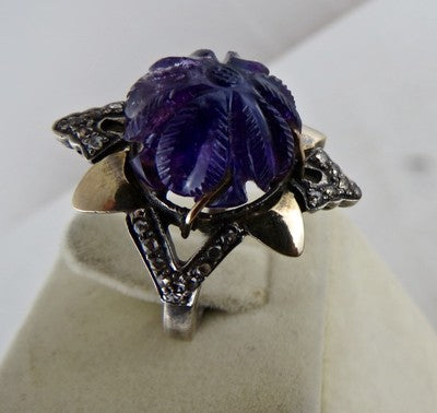 Antique Amethyst Natural Diamond 55ct 18k Gold Sterling Silver Victorian Ring