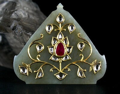 Antique Persian Nephrite Jade 121ct Natural Diamond Ruby 22k Gold Pendant
