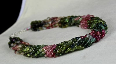 Certified Natural Multi Tourmaline 650ct Beads Cabochon Sterling Silver Necklace