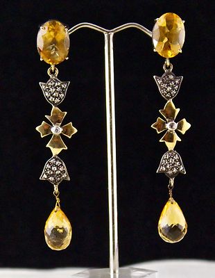 Certified Yellow Citrine 10ct Natural Diamond 18k Gold Sterling Silver Victorian