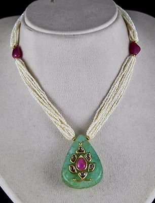 Certified Antique Natural Emerald 10ct Ruby Diamond Pearl 18k Gold Necklace