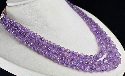 Natural Amethyst 569ct Carved Melon 3 Line Ladies Beads Necklace