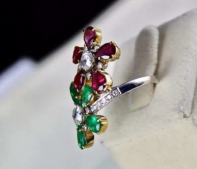 Certified Natural Emerald Rubellite Diamond 10ct 18k Gold Flower Cocktail Ring