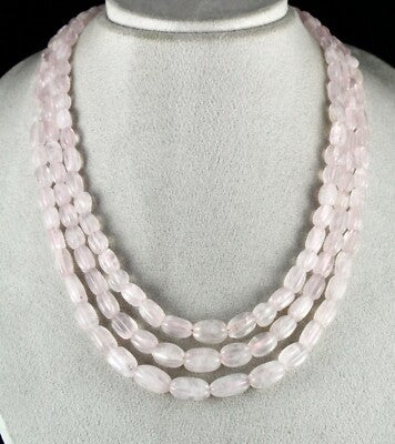 Natural Rose Quartz Melon Carved Beads Necklace 621ct, 3 L Gemstone Strings
