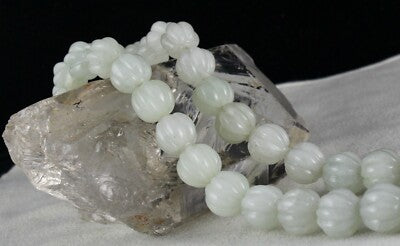 Natural Aventurine Jade 568 Ct Carved Melon Gem Beads Sterling Silver Necklace