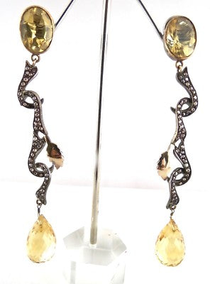 Certified Victorian Yellow Citrine 10ct Natural Diamond Sterling Silver Earrings