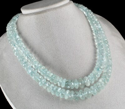 Certified Natural Aquamarine 972 Ct Blue Faceted Beaded Necklace 2 Line