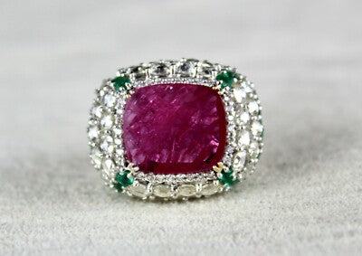 Certified Natural Ruby 104.75ct Cushion Natural Diamond Emerald 18k Gold Ring