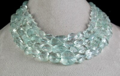 Certified Natural Blue Aquamarine Faceted Tumble Beads Necklace 1119 Ct