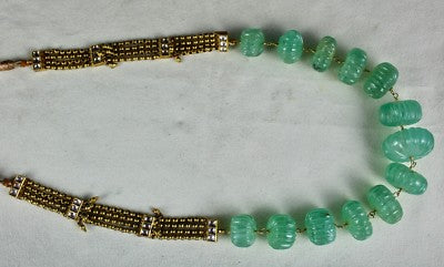 Certified Estate Natural Emerald 510ct Carved Melon Beads Diamond Gold Necklace