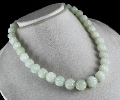 Natural Aventurine Jade 568 Ct Carved Melon Gem Beads Sterling Silver Necklace
