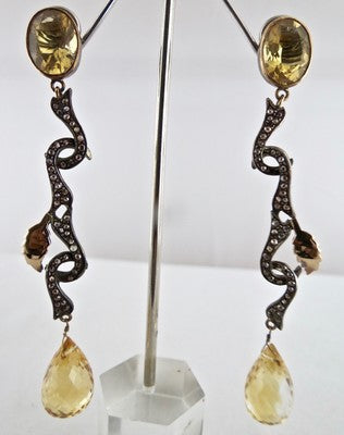 Certified Victorian Yellow Citrine 10ct Natural Diamond Sterling Silver Earrings