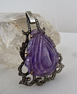 Certified Antique Old Amethyst 139ct Natural Diamond Victorian Pendant 18k Gold
