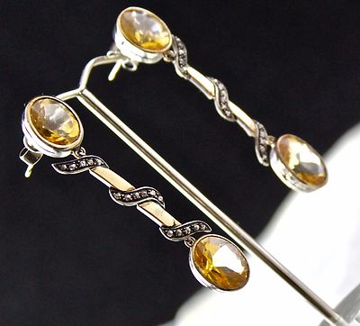 Unique 10.00+ct Yellow Citrine Natural Diamond Victorian Earring 18k Gold Silver
