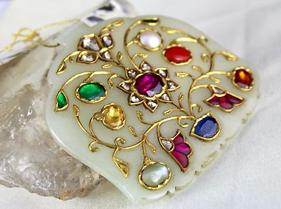 Exclusive Rare Persian Jade 341ct Natural Diamond Navratan Gemstone Gold Pendant