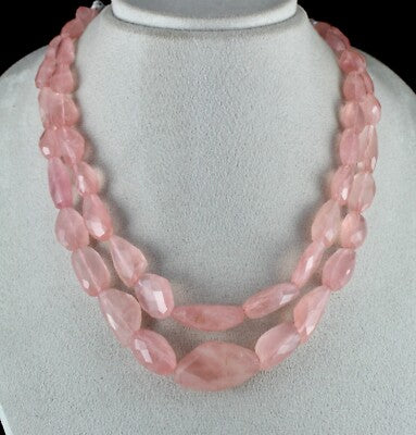 Natural Rose Quartz 683 Ct Beaded Necklace 2 Line Nugget Gemstone Strings