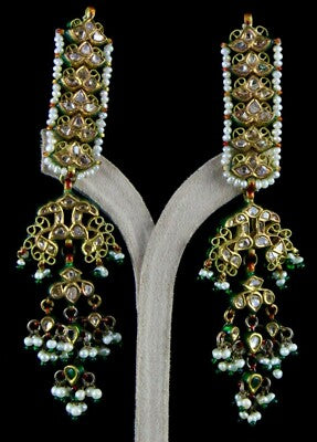 Certified Antique Natural Diamond 10ct Pearl 22k Gold Kundan Peacock Earrings