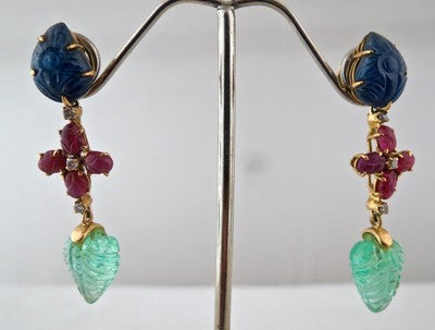 Certified Estate Natural Emerald 10ct Ruby Sapphire Carved Diamond 18k Earrings