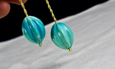 Certified Natural Turquoise Carved Melon Beads Pair 94.60 Ct Gemstone Earrings