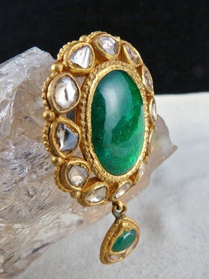 Certified Vintage Green Jadau 10ct Natural Diamond 22k Gold Brooch Pendant