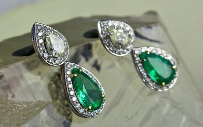 Certified Natural Zambia Emerald 54ct Natural Diamond Pear Cut 18k Gold Earrings