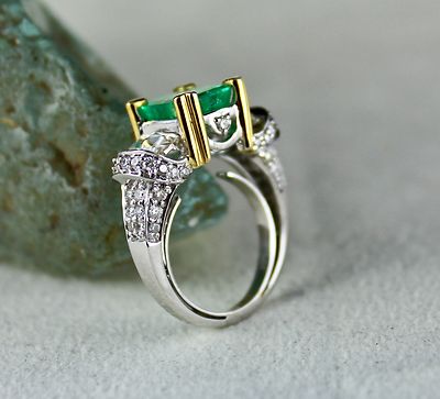 Certified Natural Colombian Emerald 2ct Octagon Natural Diamond 18k Gold Ring