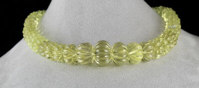 Certified Natural Lemon Quartz Carved Melon Round Beads Necklace 856 Ct Yellow