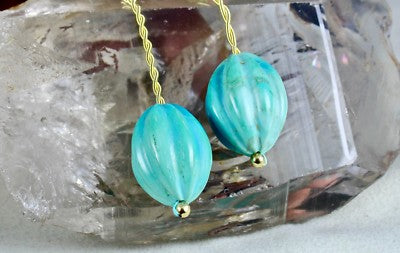 Certified Natural Turquoise Carved Melon Beads Pair 94.60 Ct Gemstone Earrings