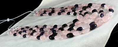 Natural Rose Quartz 826 Ct Iolite Beads 5 Line Fashion Gemstone Necklace