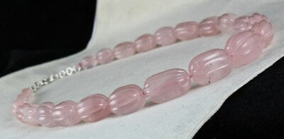 Natural Rose Quartz 883ct Melon Carved Beads Sterling Silver Necklace