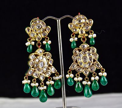 Certified Natural Diamond Pearl Emerald Meena 22k Gold Necklace Earring Set 10ct