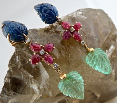 Certified Estate Natural Emerald 10ct Ruby Sapphire Carved Diamond 18k Earrings