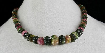 Certified Natural Multi Tourmaline 353ct Melon Carved Sterling Silver Necklace