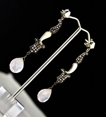 Natural Rose Quartz 10ct Tear Drops Natural Diamond 18k Gold 925 Silver Earrings