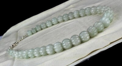 Natural Aventurine Jade 828 Ct Melon Carved Beads Sterling Silver Necklace
