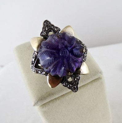 Antique Amethyst Natural Diamond 55ct 18k Gold Sterling Silver Victorian Ring